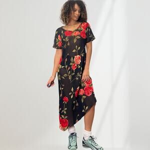 Sourced in Italy Vintage 90s black floral sheer romcom dress (M) cottage cute